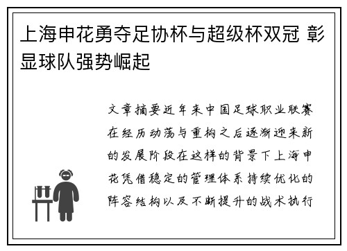 上海申花勇夺足协杯与超级杯双冠 彰显球队强势崛起 上海申花勇夺足协杯与超级杯双冠 彰显球队强势崛起