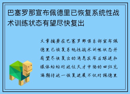 巴塞罗那宣布佩德里已恢复系统性战术训练状态有望尽快复出