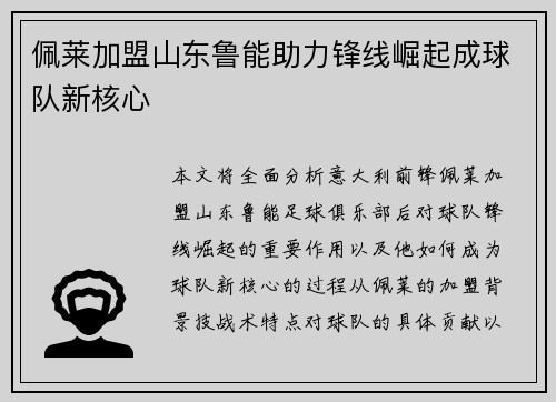 佩莱加盟山东鲁能助力锋线崛起成球队新核心